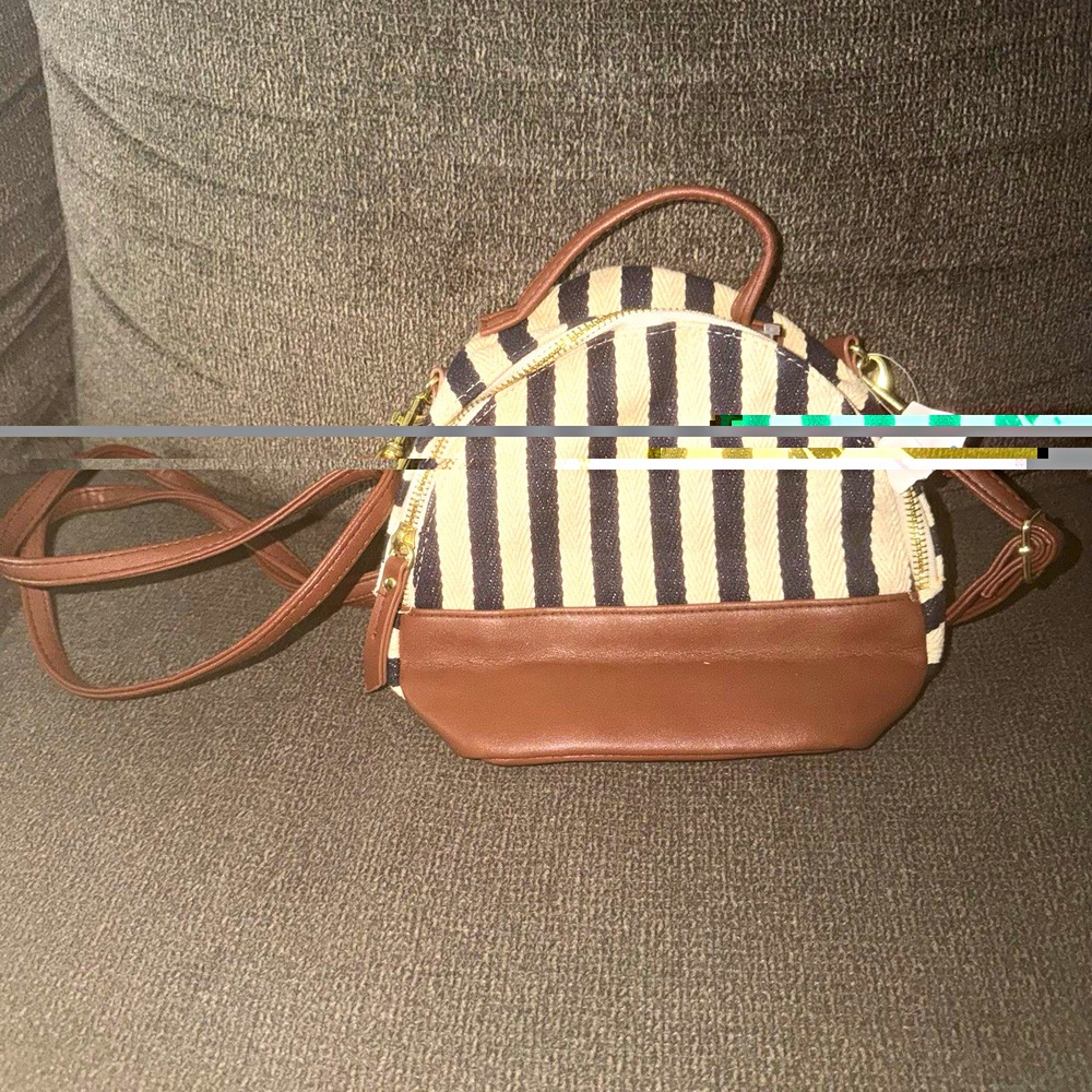 Striped Round Canvas Crossbody Bag Beige Navy Zip Brown Detachable Strap